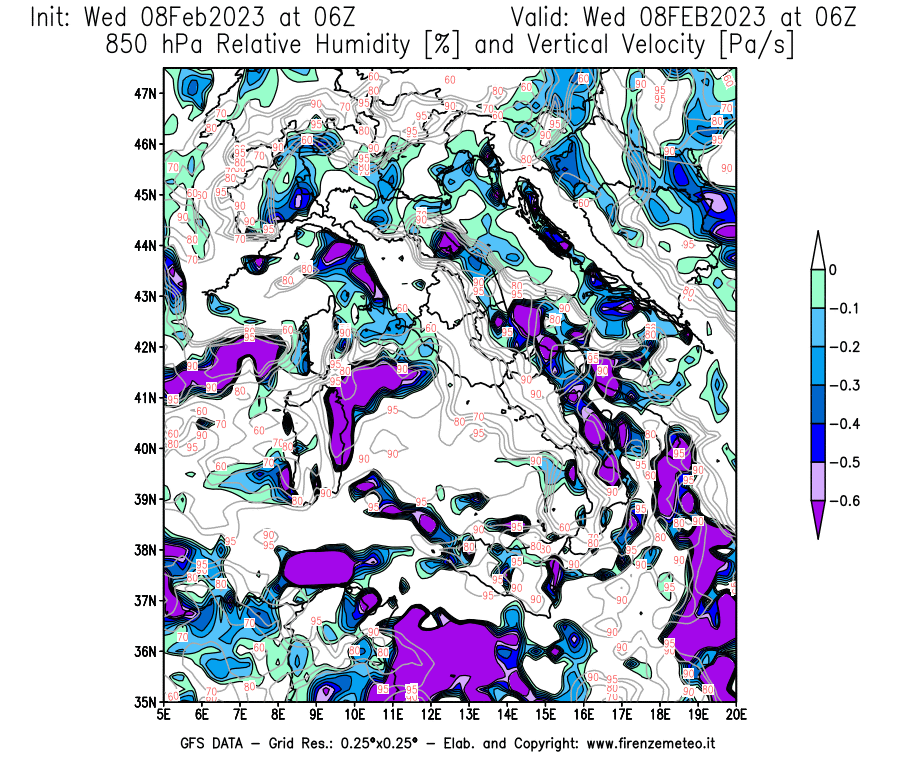 Mappa di analisi GFS - Umidità relativa [%] e Omega [Pa/s] a 850 hPa in Italia
							del 08/02/2023 06 <!--googleoff: index-->UTC<!--googleon: index-->