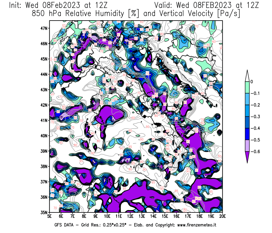 Mappa di analisi GFS - Umidità relativa [%] e Omega [Pa/s] a 850 hPa in Italia
							del 08/02/2023 12 <!--googleoff: index-->UTC<!--googleon: index-->
