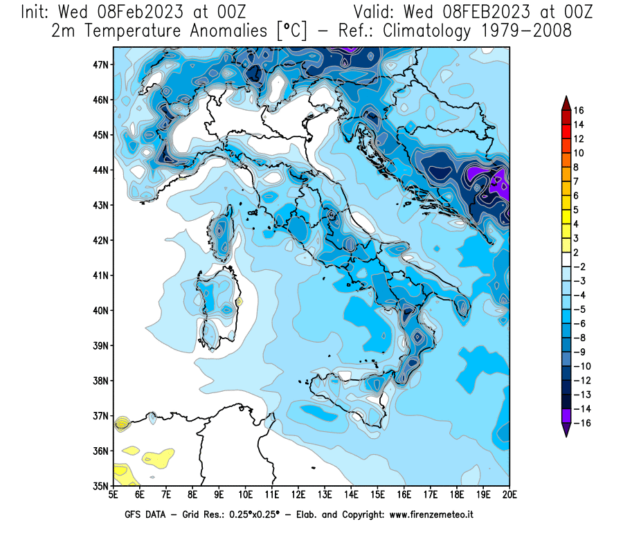 Mappa di analisi GFS - Anomalia Temperatura [°C] a 2 m in Italia
							del 08/02/2023 00 <!--googleoff: index-->UTC<!--googleon: index-->