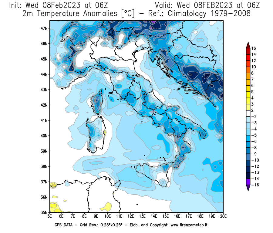 Mappa di analisi GFS - Anomalia Temperatura [°C] a 2 m in Italia
							del 08/02/2023 06 <!--googleoff: index-->UTC<!--googleon: index-->