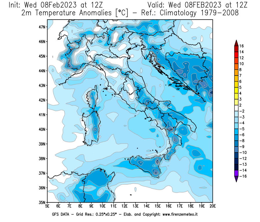 Mappa di analisi GFS - Anomalia Temperatura [°C] a 2 m in Italia
							del 08/02/2023 12 <!--googleoff: index-->UTC<!--googleon: index-->