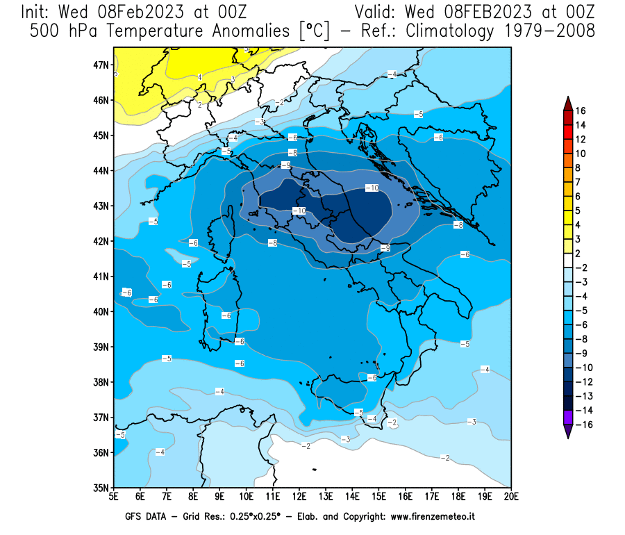 Mappa di analisi GFS - Anomalia Temperatura a 500 hPa in Italia
							del 8 febbraio 2023 z00