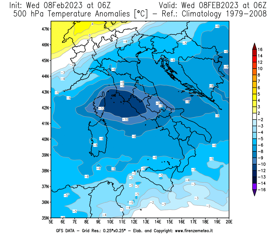 Mappa di analisi GFS - Anomalia Temperatura [°C] a 500 hPa in Italia
							del 08/02/2023 06 <!--googleoff: index-->UTC<!--googleon: index-->