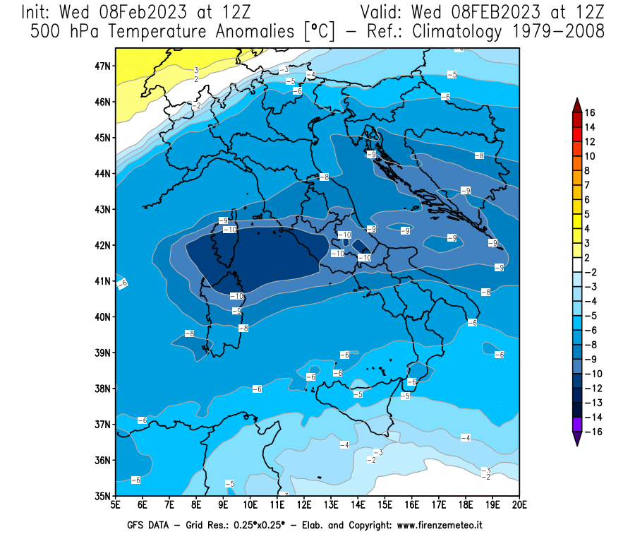 Mappa di analisi GFS - Anomalia Temperatura [°C] a 500 hPa in Italia
							del 08/02/2023 12 <!--googleoff: index-->UTC<!--googleon: index-->