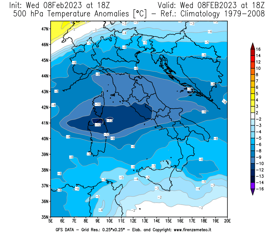 Mappa di analisi GFS - Anomalia Temperatura a 500 hPa in Italia
							del 8 febbraio 2023 z18