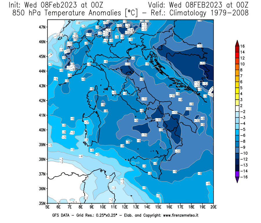 Mappa di analisi GFS - Anomalia Temperatura a 850 hPa in Italia
							del 8 febbraio 2023 z00