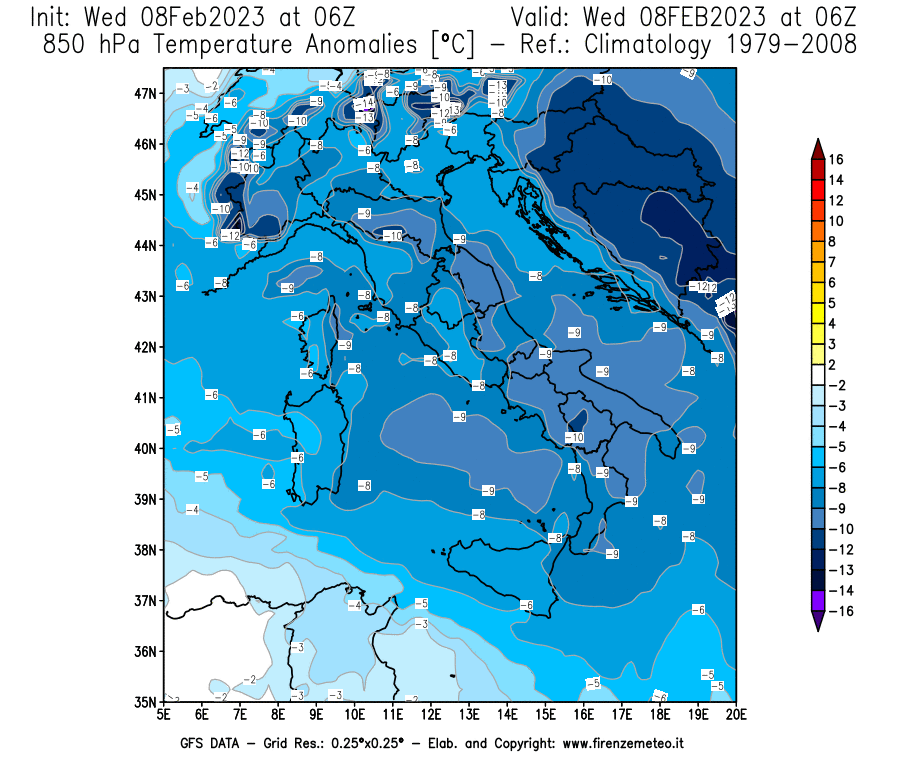 Mappa di analisi GFS - Anomalia Temperatura [°C] a 850 hPa in Italia
							del 08/02/2023 06 <!--googleoff: index-->UTC<!--googleon: index-->