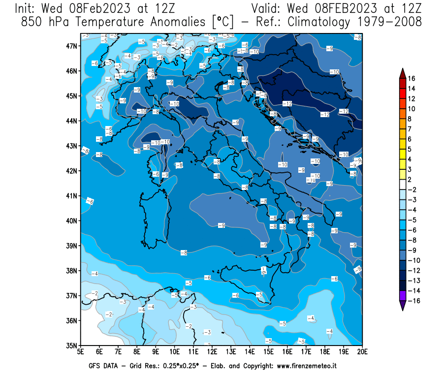 Mappa di analisi GFS - Anomalia Temperatura a 850 hPa in Italia
							del 8 febbraio 2023 z12