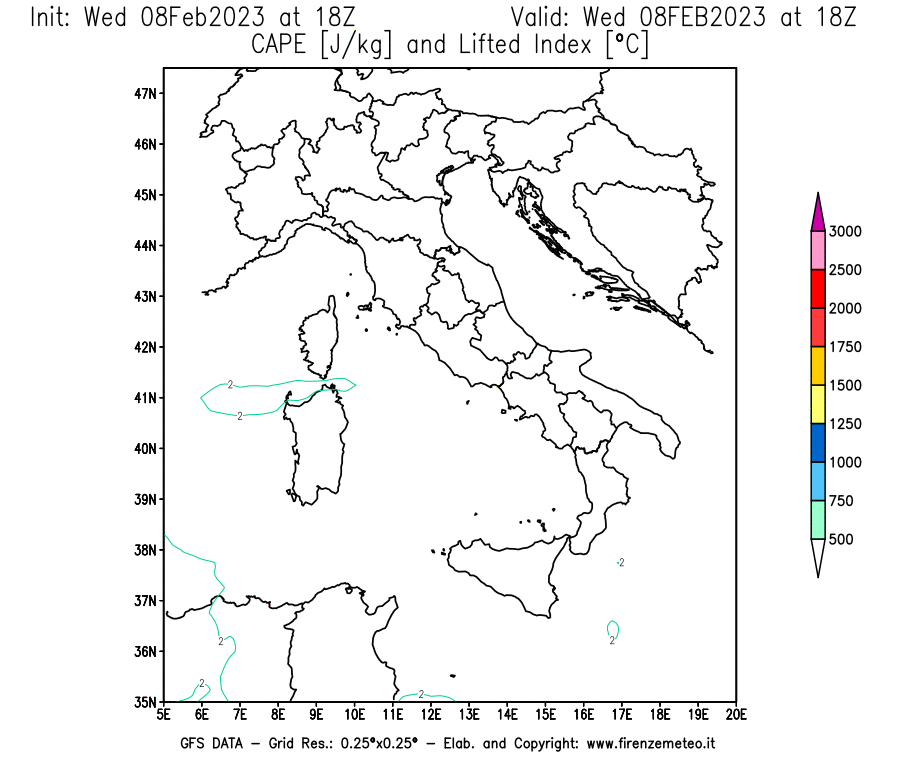 Mappa di analisi GFS - CAPE [J/kg] e Lifted Index [°C] in Italia
							del 08/02/2023 18 <!--googleoff: index-->UTC<!--googleon: index-->