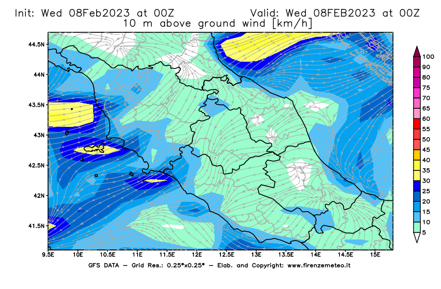 Mappa di analisi GFS - Velocità del vento a 10 metri dal suolo in Centro-Italia
							del 8 febbraio 2023 z00