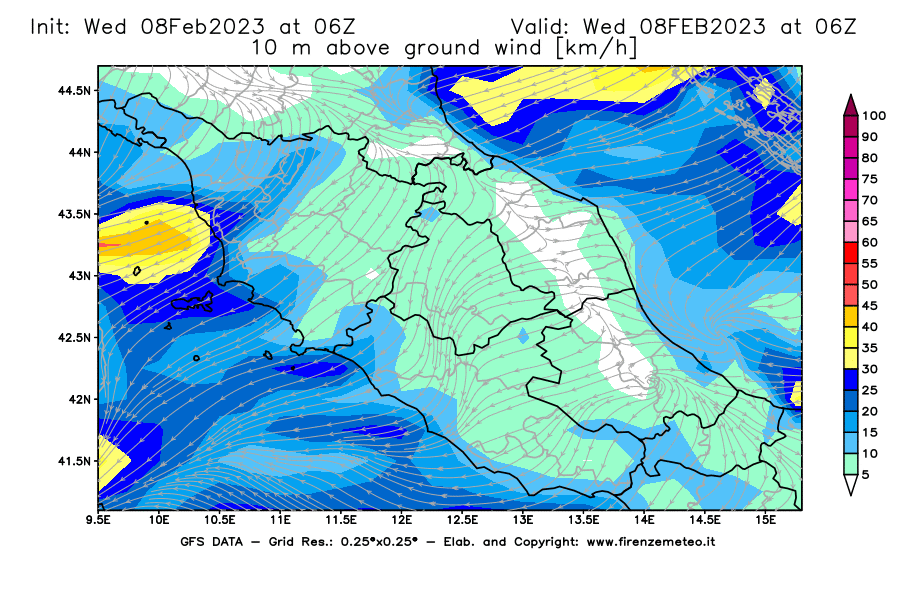 Mappa di analisi GFS - Velocità del vento a 10 metri dal suolo [km/h] in Centro-Italia
							del 08/02/2023 06 <!--googleoff: index-->UTC<!--googleon: index-->