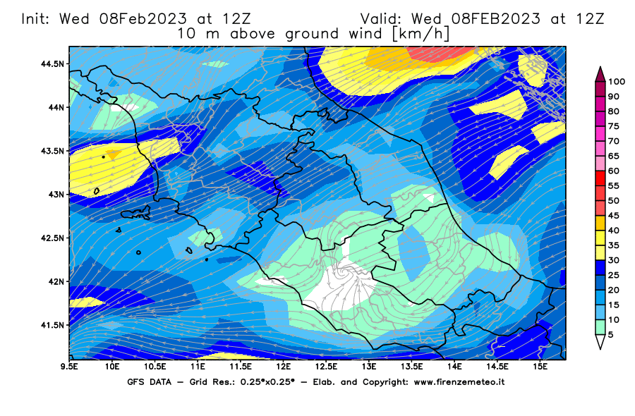 Mappa di analisi GFS - Velocità del vento a 10 metri dal suolo [km/h] in Centro-Italia
							del 08/02/2023 12 <!--googleoff: index-->UTC<!--googleon: index-->