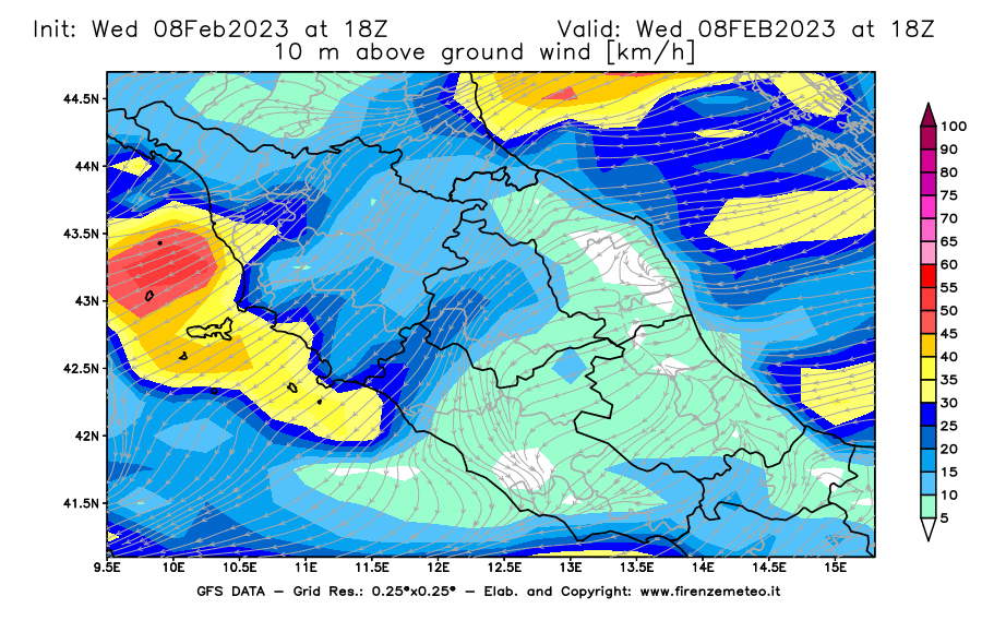 Mappa di analisi GFS - Velocità del vento a 10 metri dal suolo in Centro-Italia
							del 8 febbraio 2023 z18