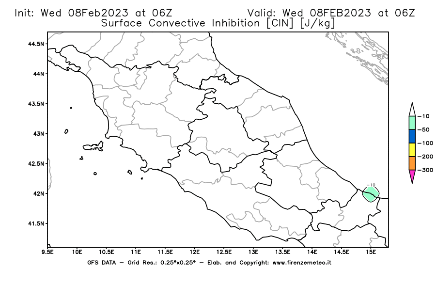 Mappa di analisi GFS - CIN [J/kg] in Centro-Italia
							del 08/02/2023 06 <!--googleoff: index-->UTC<!--googleon: index-->