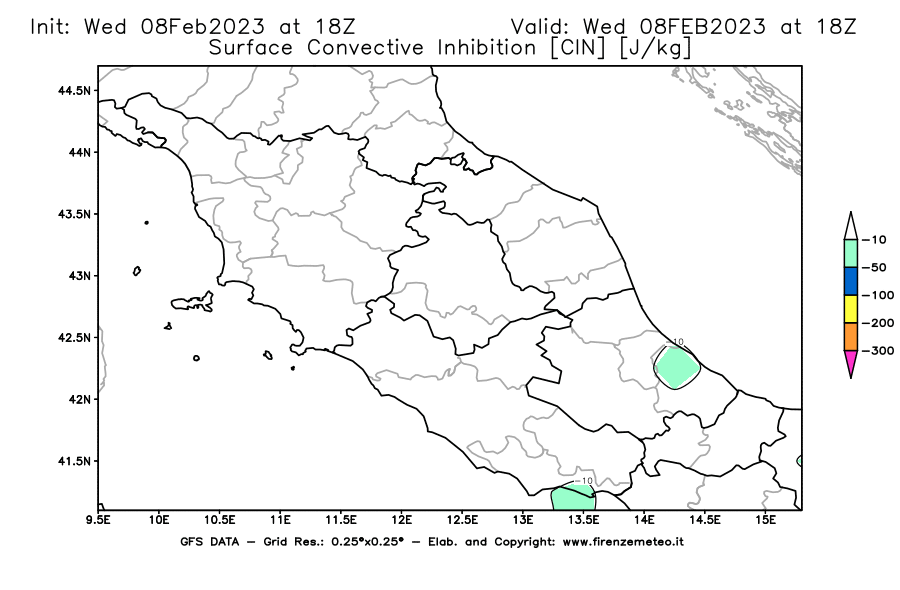Mappa di analisi GFS - CIN [J/kg] in Centro-Italia
							del 08/02/2023 18 <!--googleoff: index-->UTC<!--googleon: index-->