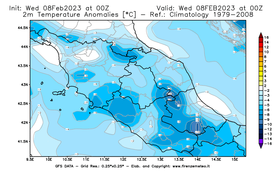 Mappa di analisi GFS - Anomalia Temperatura [°C] a 2 m in Centro-Italia
							del 08/02/2023 00 <!--googleoff: index-->UTC<!--googleon: index-->