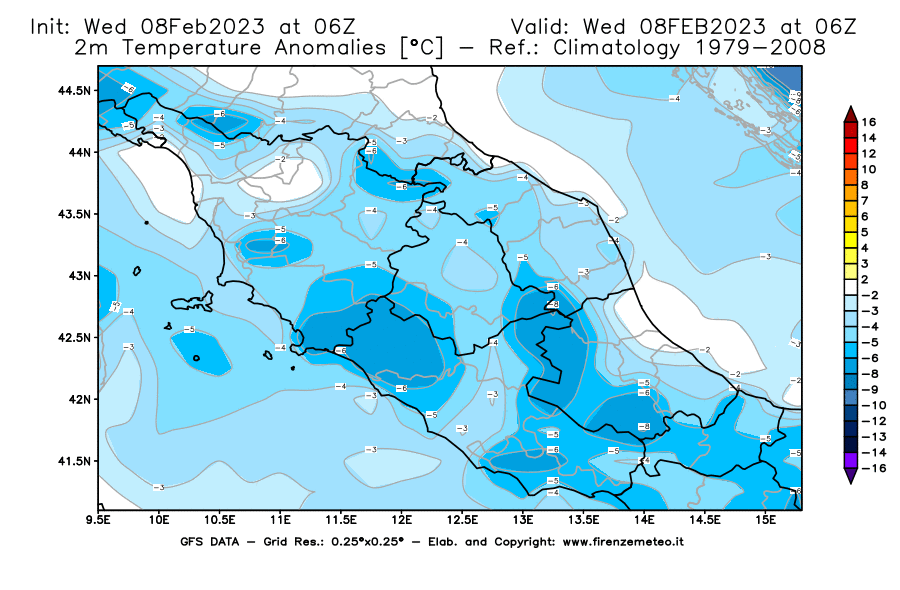 Mappa di analisi GFS - Anomalia Temperatura a 2 m in Centro-Italia
							del 8 febbraio 2023 z06