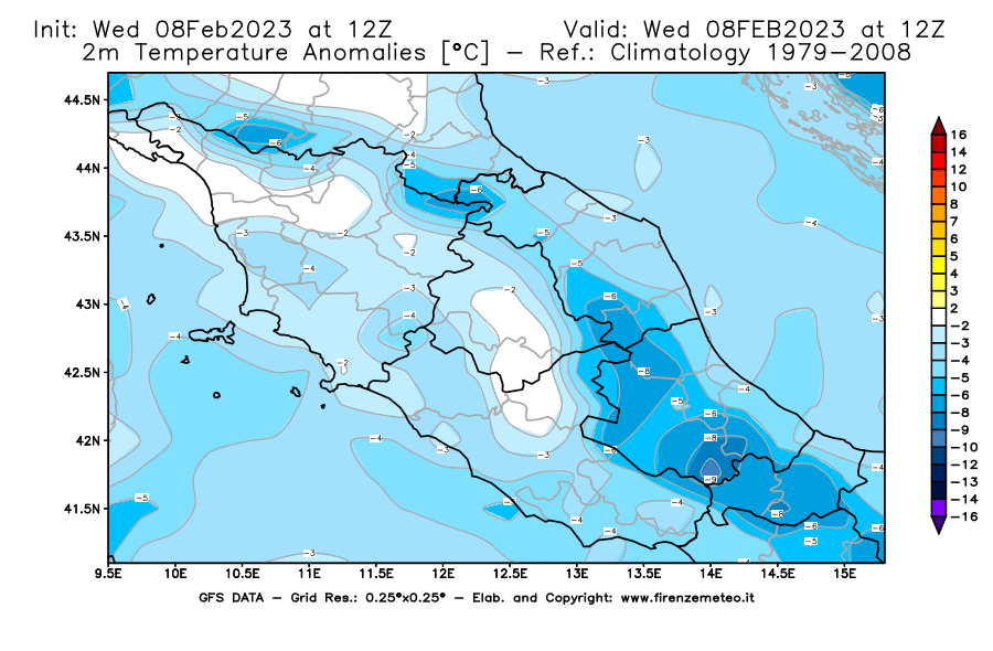 Mappa di analisi GFS - Anomalia Temperatura [°C] a 2 m in Centro-Italia
							del 08/02/2023 12 <!--googleoff: index-->UTC<!--googleon: index-->