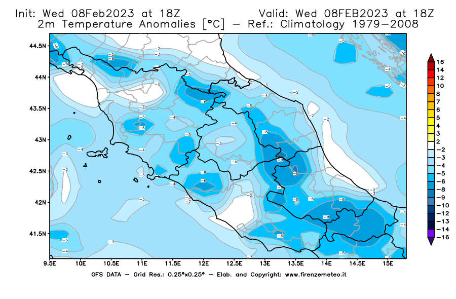 Mappa di analisi GFS - Anomalia Temperatura a 2 m in Centro-Italia
							del 8 febbraio 2023 z18