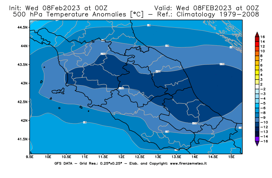 Mappa di analisi GFS - Anomalia Temperatura [°C] a 500 hPa in Centro-Italia
							del 08/02/2023 00 <!--googleoff: index-->UTC<!--googleon: index-->