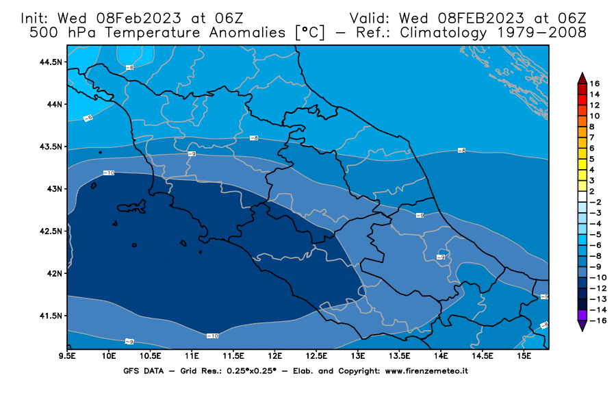 Mappa di analisi GFS - Anomalia Temperatura [°C] a 500 hPa in Centro-Italia
							del 08/02/2023 06 <!--googleoff: index-->UTC<!--googleon: index-->