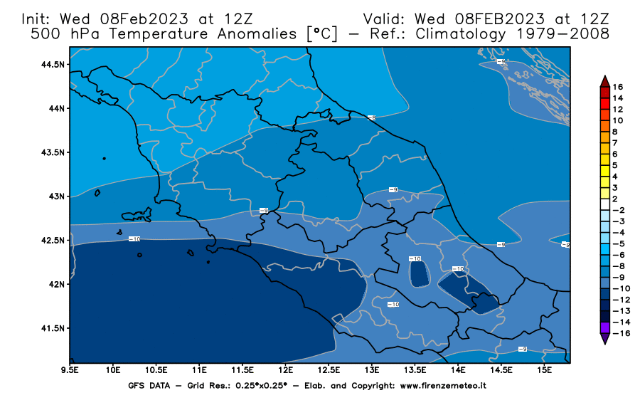 Mappa di analisi GFS - Anomalia Temperatura [°C] a 500 hPa in Centro-Italia
							del 08/02/2023 12 <!--googleoff: index-->UTC<!--googleon: index-->