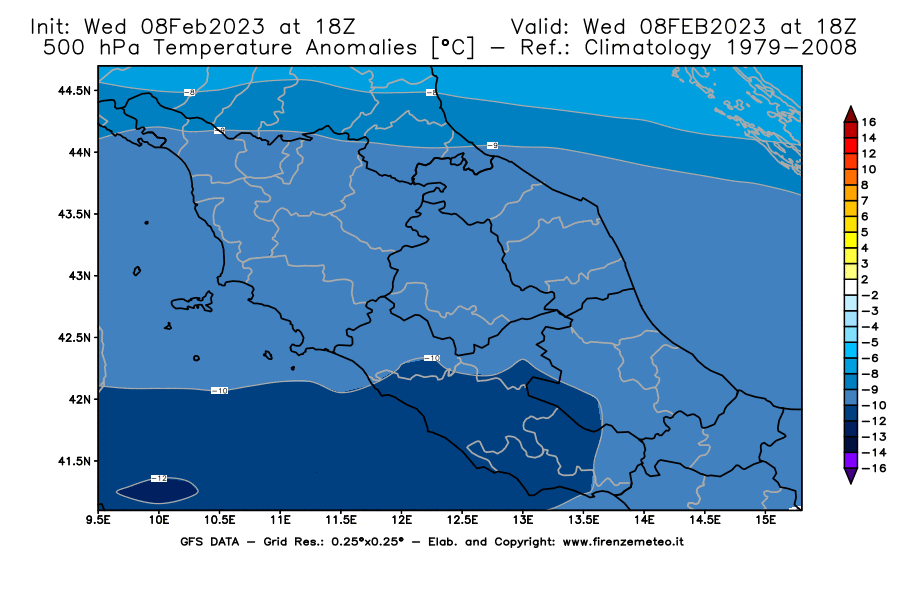 Mappa di analisi GFS - Anomalia Temperatura [°C] a 500 hPa in Centro-Italia
							del 08/02/2023 18 <!--googleoff: index-->UTC<!--googleon: index-->
