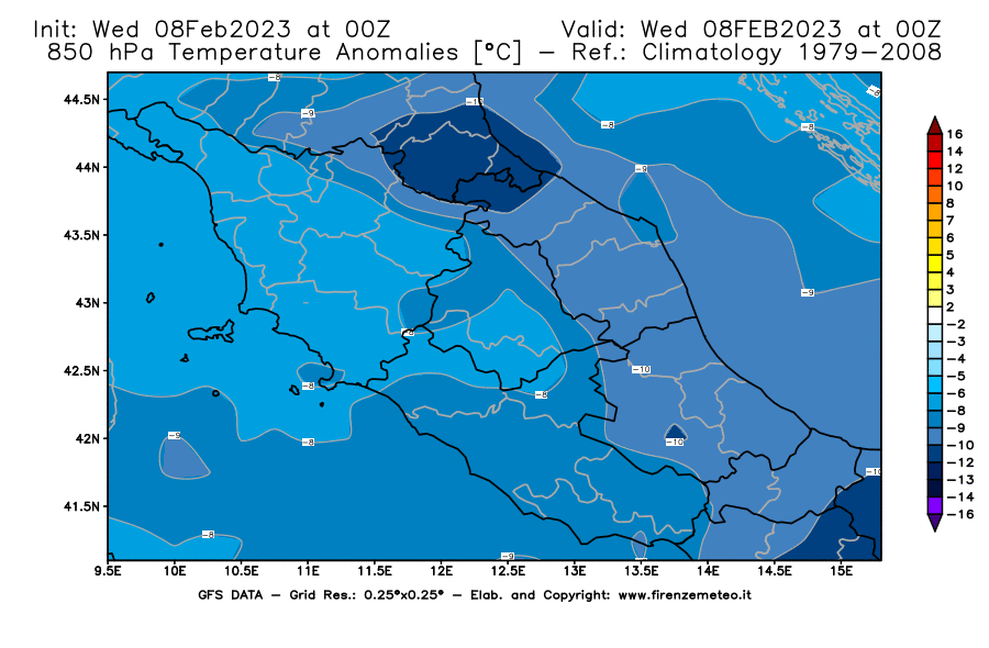 Mappa di analisi GFS - Anomalia Temperatura [°C] a 850 hPa in Centro-Italia
							del 08/02/2023 00 <!--googleoff: index-->UTC<!--googleon: index-->