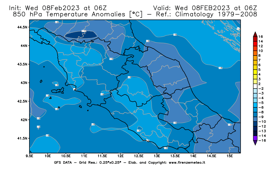 Mappa di analisi GFS - Anomalia Temperatura [°C] a 850 hPa in Centro-Italia
							del 08/02/2023 06 <!--googleoff: index-->UTC<!--googleon: index-->