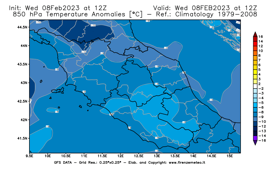 Mappa di analisi GFS - Anomalia Temperatura [°C] a 850 hPa in Centro-Italia
							del 08/02/2023 12 <!--googleoff: index-->UTC<!--googleon: index-->