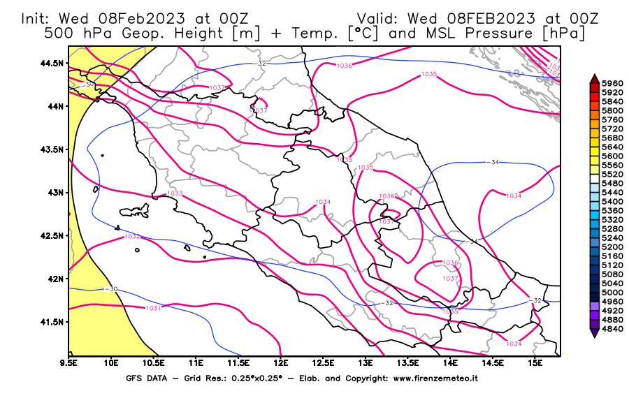 Mappa di analisi GFS - Geopotenziale [m] + Temp. [°C] a 500 hPa + Press. a livello del mare [hPa] in Centro-Italia
							del 08/02/2023 00 <!--googleoff: index-->UTC<!--googleon: index-->