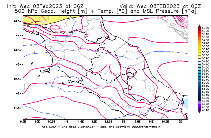 Mappa di analisi GFS - Geopotenziale [m] + Temp. [°C] a 500 hPa + Press. a livello del mare [hPa] in Centro-Italia
							del 08/02/2023 06 <!--googleoff: index-->UTC<!--googleon: index-->