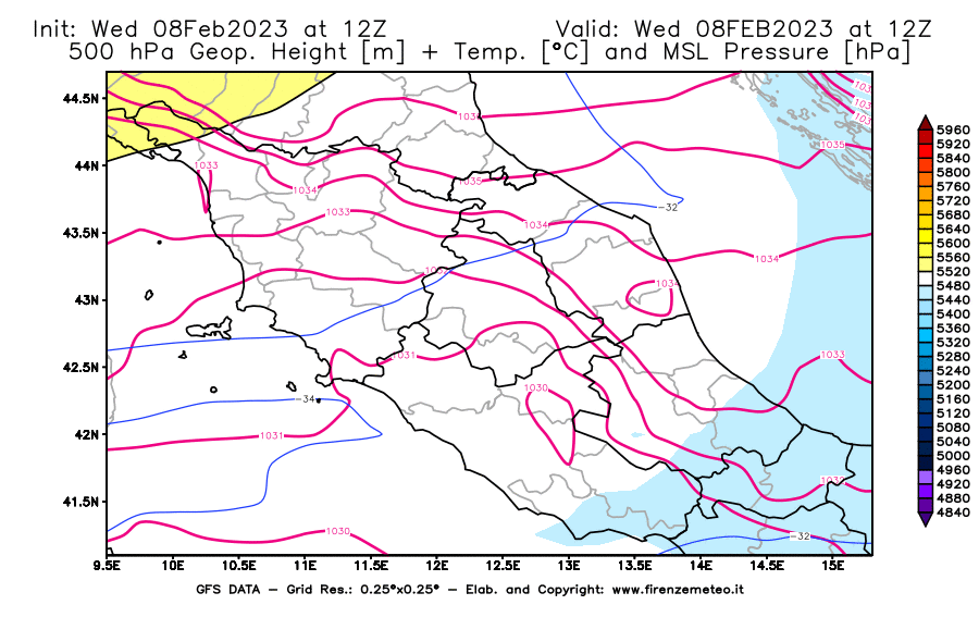 Mappa di analisi GFS - Geopotenziale [m] + Temp. [°C] a 500 hPa + Press. a livello del mare [hPa] in Centro-Italia
							del 08/02/2023 12 <!--googleoff: index-->UTC<!--googleon: index-->