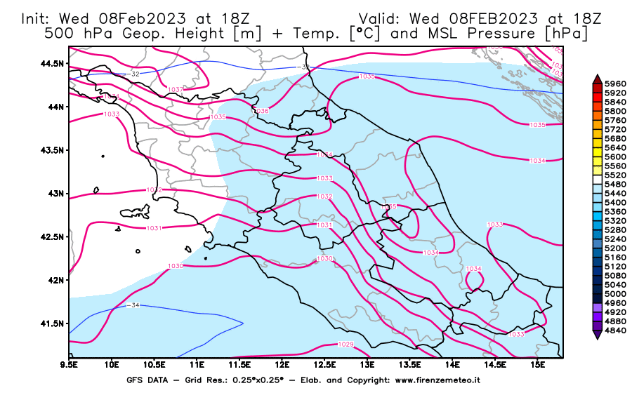 Mappa di analisi GFS - Geopotenziale [m] + Temp. [°C] a 500 hPa + Press. a livello del mare [hPa] in Centro-Italia
							del 08/02/2023 18 <!--googleoff: index-->UTC<!--googleon: index-->