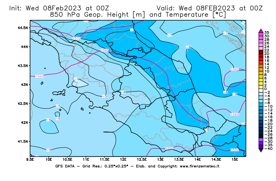 Mappa di analisi GFS - Geopotenziale [m] e Temperatura [°C] a 850 hPa in Centro-Italia
							del 08/02/2023 00 <!--googleoff: index-->UTC<!--googleon: index-->