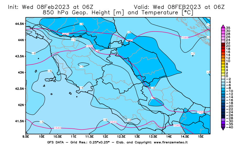 Mappa di analisi GFS - Geopotenziale [m] e Temperatura [°C] a 850 hPa in Centro-Italia
							del 08/02/2023 06 <!--googleoff: index-->UTC<!--googleon: index-->