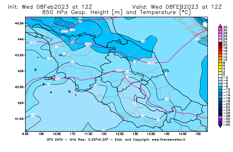 Mappa di analisi GFS - Geopotenziale [m] e Temperatura [°C] a 850 hPa in Centro-Italia
							del 08/02/2023 12 <!--googleoff: index-->UTC<!--googleon: index-->