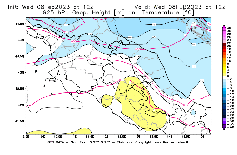 Mappa di analisi GFS - Geopotenziale [m] e Temperatura [°C] a 925 hPa in Centro-Italia
							del 08/02/2023 12 <!--googleoff: index-->UTC<!--googleon: index-->