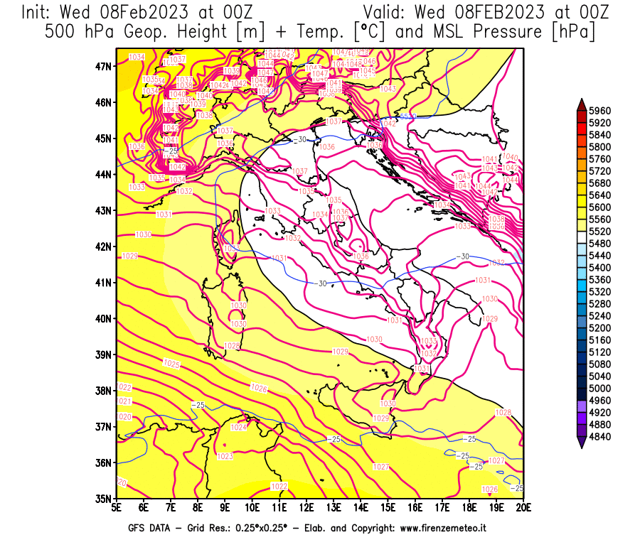 Mappa di analisi GFS - Geopotenziale [m] + Temp. [°C] a 500 hPa + Press. a livello del mare [hPa] in Italia
							del 08/02/2023 00 <!--googleoff: index-->UTC<!--googleon: index-->