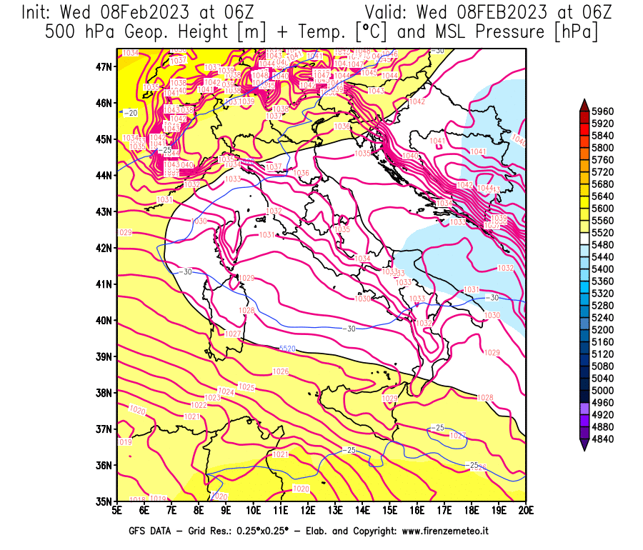 Mappa di analisi GFS - Geopotenziale [m] + Temp. [°C] a 500 hPa + Press. a livello del mare [hPa] in Italia
							del 08/02/2023 06 <!--googleoff: index-->UTC<!--googleon: index-->