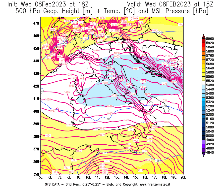 Mappa di analisi GFS - Geopotenziale [m] + Temp. [°C] a 500 hPa + Press. a livello del mare [hPa] in Italia
							del 08/02/2023 18 <!--googleoff: index-->UTC<!--googleon: index-->