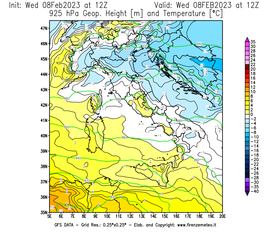 Mappa di analisi GFS - Geopotenziale [m] e Temperatura [°C] a 925 hPa in Italia
							del 08/02/2023 12 <!--googleoff: index-->UTC<!--googleon: index-->