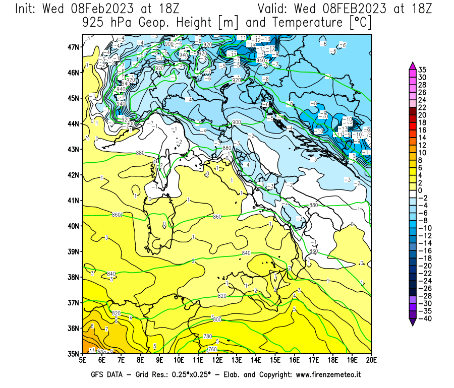 Mappa di analisi GFS - Geopotenziale [m] e Temperatura [°C] a 925 hPa in Italia
							del 08/02/2023 18 <!--googleoff: index-->UTC<!--googleon: index-->
