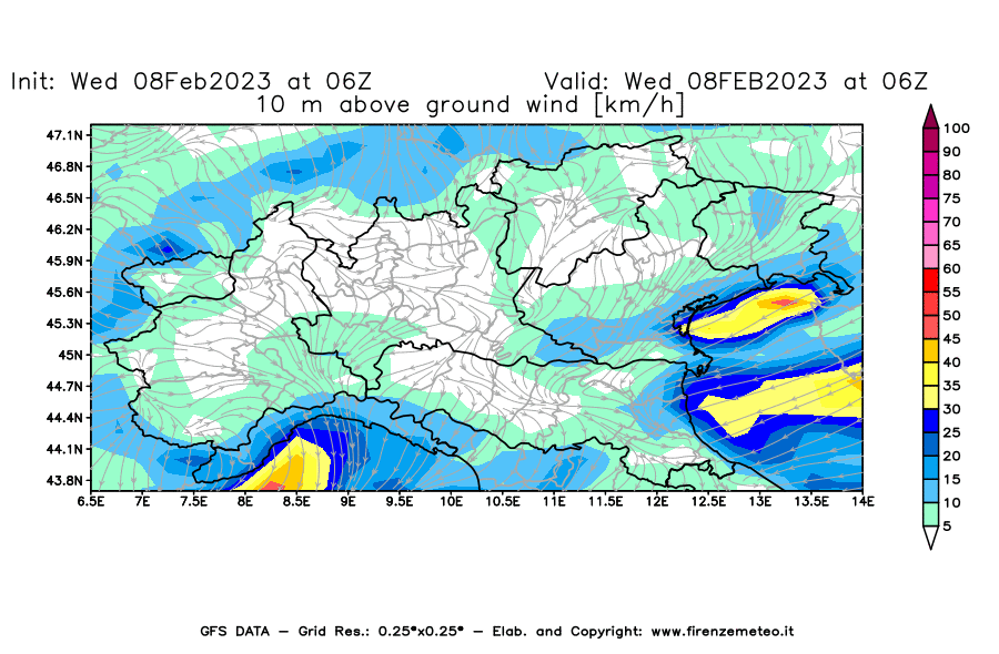 Mappa di analisi GFS - Velocità del vento a 10 metri dal suolo [km/h] in Nord-Italia
							del 08/02/2023 06 <!--googleoff: index-->UTC<!--googleon: index-->