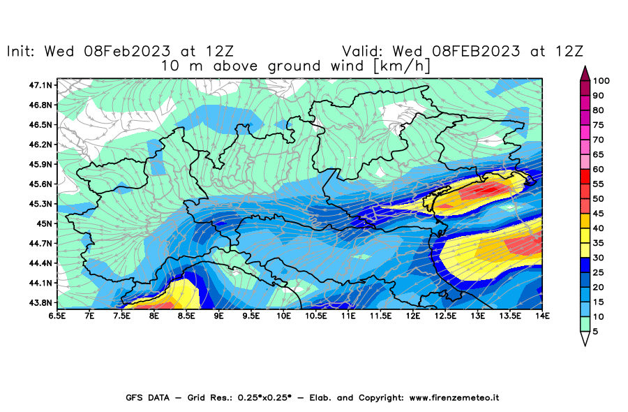 Mappa di analisi GFS - Velocità del vento a 10 metri dal suolo [km/h] in Nord-Italia
							del 08/02/2023 12 <!--googleoff: index-->UTC<!--googleon: index-->