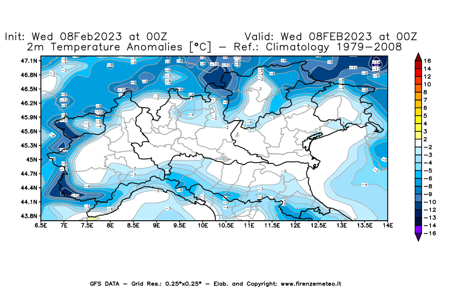 Mappa di analisi GFS - Anomalia Temperatura [°C] a 2 m in Nord-Italia
							del 08/02/2023 00 <!--googleoff: index-->UTC<!--googleon: index-->