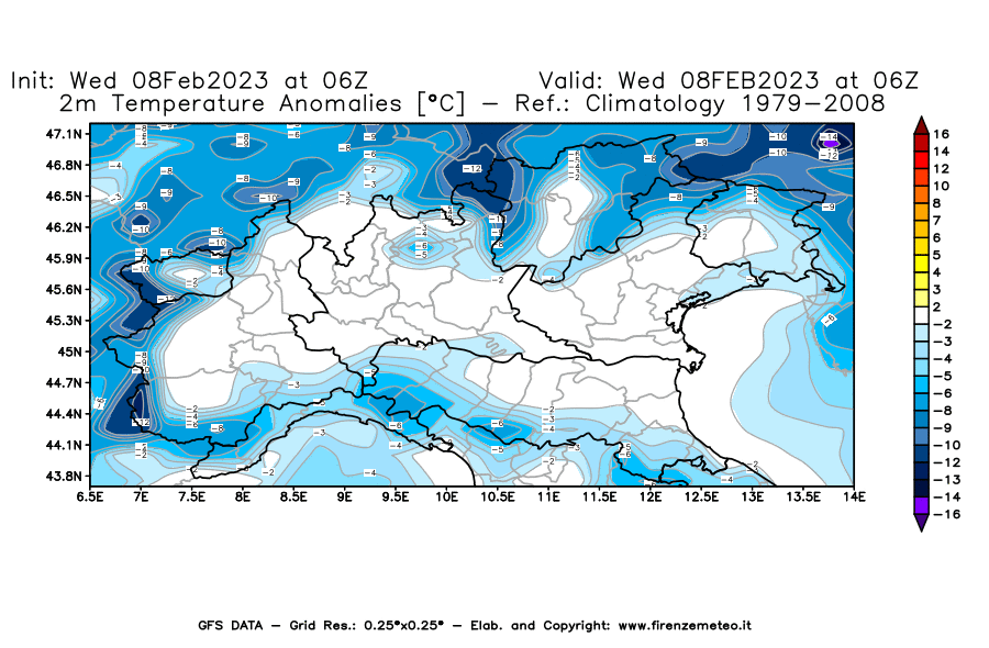 Mappa di analisi GFS - Anomalia Temperatura [°C] a 2 m in Nord-Italia
							del 08/02/2023 06 <!--googleoff: index-->UTC<!--googleon: index-->