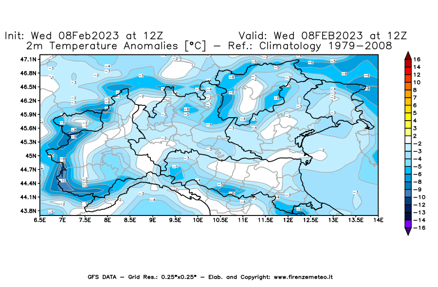 Mappa di analisi GFS - Anomalia Temperatura [°C] a 2 m in Nord-Italia
							del 08/02/2023 12 <!--googleoff: index-->UTC<!--googleon: index-->