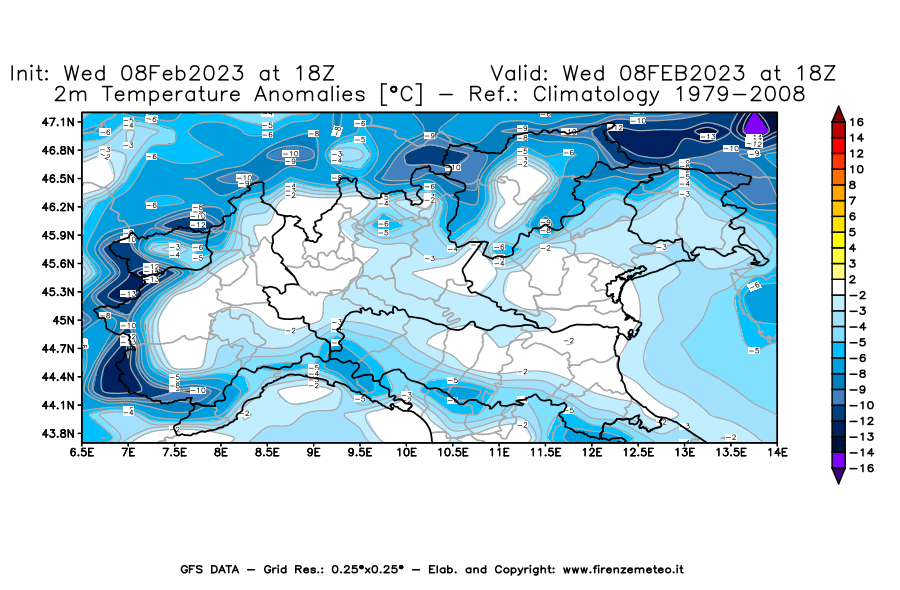 Mappa di analisi GFS - Anomalia Temperatura [°C] a 2 m in Nord-Italia
							del 08/02/2023 18 <!--googleoff: index-->UTC<!--googleon: index-->