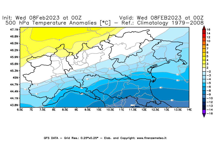 Mappa di analisi GFS - Anomalia Temperatura [°C] a 500 hPa in Nord-Italia
							del 08/02/2023 00 <!--googleoff: index-->UTC<!--googleon: index-->